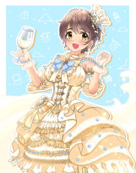 Rule 34 | 1girl, absurdres, bare shoulders, blue bow, blue bowtie, blush, bow, bowtie, breasts, brown eyes, brown hair, clenched hand, crown, cup, detached sleeves, dot nose, dress, dress bow, earrings, frilled dress, frills, gloves, hands up, highres, holding, holding cup, idolmaster, idolmaster cinderella girls, idolmaster cinderella girls starlight stage, jewelry, large breasts, layered dress, looking at viewer, milk, oikawa shizuku, open mouth, pearl earrings, puffy detached sleeves, puffy sleeves, short hair, signature, sleeveless, sleeveless dress, smile, solo, standing, tamatama (nndg3245), two-tone background, white gloves, yellow bow, yellow bowtie, yellow dress, yellow sleeves