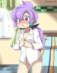 Rule 34 | 1girl, anabel (pokemon), bed, blush, collarbone, commentary request, creatures (company), dressing, earrings, eromame, game freak, jewelry, long hair, nintendo, no pants, open mouth, panties, pokemon, pokemon sm, ponytail, purple eyes, purple hair, shirt, solo, twitter username, underwear, white shirt, window