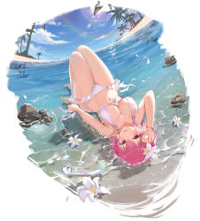 Rule 34 | 1girl, bare arms, bare shoulders, beach, bikini, breasts, caustics, cleavage, day, flower, frilled bikini, frills, front-tie bikini top, front-tie top, hair flower, hair ornament, halterneck, hand up, highres, horcrux college, knees up, large breasts, lens flare, lily (flower), looking at viewer, lying, navel, on back, outdoors, parted lips, pink hair, red eyes, serika, short hair, smile, solo, sunlight, swimsuit, thighs, water, white bikini, white flower