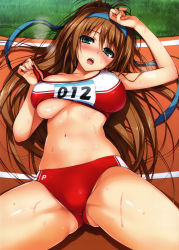Rule 34 | 1girl, :o, absurdres, arm up, blush, breasts, buruma, cleavage, female focus, green eyes, hairband, heavy breathing, highres, large breasts, long hair, looking at viewer, lying, midriff, navel, nose blush, on back, open mouth, original, running track, scan, solo, sports bikini, sweat, tomose shunsaku, track and field, track uniform, underboob