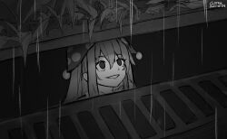 Rule 34 | 1girl, chiroru (cheese-roll), clownpiece, commentary, dated, grate, greyscale, highres, it (stephen king), long hair, monochrome, parody, polka dot headwear, rain, sewer, sewer grate, smile, solo, touhou