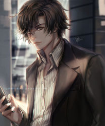 Rule 34 | 1boy, black hair, blurry, brown eyes, cellphone, claparo, depth of field, deviantart username, han jumin, lips, looking at viewer, male focus, md5 mismatch, parted lips, phone, resized, resolution mismatch, signature, smartphone, solo, source smaller, susanghan messenger, upper body, upscaled, watermark