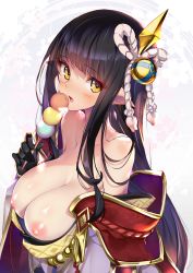 Rule 34 | absurdres, black hair, breasts, breasts out, clothes pull, dango, female focus, food, hair ornament, highres, hinoa, hong (white spider), large breasts, long hair, looking at viewer, monster hunter (series), monster hunter rise, pointy ears, shirt pull, wagashi, yellow eyes