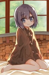 Rule 34 | 1girl, bare legs, barefoot, blue eyes, blush, brown cloak, cloak, closed mouth, commentary request, day, full body, hair between eyes, indoors, looking at viewer, original, purple hair, sitting, smile, solo, tree, wariza, window, yuuhagi (amaretto-no-natsu)