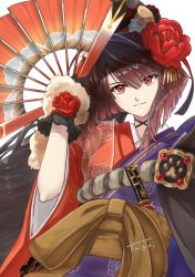 Rule 34 | 1girl, black gloves, brown hair, fate/grand order, fate (series), flower, folding fan, gloves, hair flower, hair ornament, hand fan, highres, japanese clothes, kimono, kyokutei bakin (fate), kyokutei bakin (second ascension) (fate), long hair, ponytail, red eyes, signature, smile, tokiwa migiri, white background
