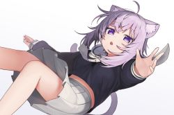 Rule 34 | 1girl, animal ear fluff, animal ears, black shirt, breasts, cat ears, cat girl, cat tail, commentary request, fang, feet out of frame, gradient background, grey skirt, hair between eyes, hololive, long sleeves, looking at viewer, medium breasts, necktie, nekomata okayu, nekomata okayu (casual), official alternate costume, open mouth, pleated skirt, purple background, purple eyes, purple hair, sailor collar, seramikku, shirt, skirt, sleeves past wrists, solo, tail, virtual youtuber, white background, white necktie, white sailor collar