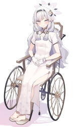 Rule 34 | 1girl, absurdres, alternate costume, barefoot, blue archive, blush, breasts, china dress, chinese clothes, cloba, commentary, covered navel, dress, earclip, feet, flower, full body, gloves, gold trim, grey hair, hair flower, hair ornament, hair tubes, hairband, halo, heart, highres, himari (blue archive), impossible clothes, impossible dress, legs, long hair, mole, mole under eye, own hands together, pointy ears, purple eyes, shadow, short sleeves, side slit, sidelocks, signature, simple background, sitting, small breasts, smile, solo, spoken heart, striped clothes, striped hairband, thighs, toenails, toes, wheelchair, white background, white dress, white gloves