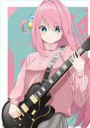 Rule 34 | 1girl, absurdres, blue eyes, bocchi the rock!, closed mouth, commentary request, cube hair ornament, gotoh hitori, grey skirt, guitar, hair between eyes, hair ornament, hair over eyes, highres, holding, holding instrument, instrument, jacket, long hair, long sleeves, music, one side up, pink hair, pink jacket, pink track suit, playing instrument, pleated skirt, skirt, solo, tntl nemui, track jacket, upper body