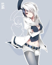 Rule 34 | 1girl, absol, belt, black hair, breasts, brown eyes, cleavage, creatures (company), crossed arms, facial mark, female focus, forehead mark, fur, game freak, gen 3 pokemon, hair over one eye, highres, pantyhose under shorts, looking at viewer, midriff, multicolored hair, nail polish, navel, nintendo, pantyhose, personification, pokedex number, pokemon, short hair, shorts, solo, standing, two-tone hair, white hair, zinpati