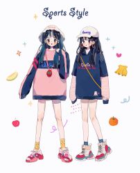 Rule 34 | 2girls, :o, ankle socks, apple, banana, baseball cap, black eyes, black hair, blue hair, blue hoodie, blue sleeves, blue socks, blush stickers, clenched hand, cross-laced footwear, earrings, english text, food, fruit, full body, hand in own hair, hat, heart, highres, hood, hood down, hoodie, hoop earrings, jewelry, long hair, long sleeves, multicolored hair, multiple girls, open mouth, orange (fruit), original, oversized clothes, pink footwear, pink sleeves, pink sweater, polka dot socks, putong xiao gou, shoes, sleeves past fingers, sleeves past wrists, sneakers, socks, sparkle, sportswear, stopwatch, stopwatch around neck, straight hair, striped sleeves, sweater, two-tone hair, two-tone sleeves, watch, white background, white footwear, white headwear, yellow socks