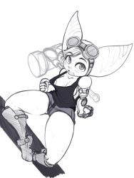 Rule 34 | 1girl, alternate costume, animal ears, animal nose, arm support, bare shoulders, blush, boots, breasts, clothes pull, collarbone, downblouse, eyewear on head, fangs, female focus, from above, full body, furry, furry female, goggles, greyscale, hammer, hand up, highres, hitmanatee, knee boots, leaning back, looking at viewer, looking up, mechanical arms, medium breasts, monochrome, nipples, no bra, open mouth, pulled by self, ratchet &amp; clank, ratchet &amp; clank: rift apart, rivet (ratchet &amp; clank), shirt, shirt pull, short hair, short shorts, shorts, simple background, single mechanical arm, sitting, sketch, sleeveless, sleeveless shirt, solo, spread legs, sweat, swept bangs, thighs, white background