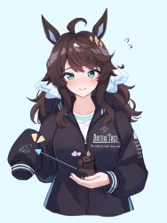 Rule 34 | 1girl, ahoge, animal, animal ears, animal on hand, arrow (symbol), black hair, black jacket, blue background, blue eyes, blush, breasts, brown hair, character name, collarbone, commentary request, creature and personification, daring tact (racehorse), daring tact (umamusume), ear ornament, flying sweatdrops, hair between eyes, hair ornament, highres, horse, horse ears, horse girl, jacket, kashmir 0808, long hair, long sleeves, looking at viewer, medium breasts, real life, shirt, signature, simple background, sleeves past fingers, sleeves past wrists, smile, star (symbol), star hair ornament, tiara, umamusume, zipper