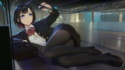 Rule 34 | 1girl, absurdres, bag, black footwear, black hair, black jacket, black pantyhose, black skirt, blue eyes, blue skirt, blush, bow, bowtie, breasts, cable, closed mouth, collared shirt, haneru, highres, holding, indoors, jacket, legs, loafers, long sleeves, looking at viewer, lying, multicolored hair, neckwear request, no shoes, on side, open clothes, original, pantyhose, pleated skirt, red hair, school bag, school uniform, shirt, shoes, short hair, skirt, solo, striped, striped bow, two-tone hair, uniform, white shirt