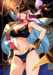 Rule 34 | 1girl, absurdres, bare shoulders, blue eyes, bow, bra, breasts, cleavage, coat, coat on shoulders, fate/grand order, fate (series), feathers, francis drake (fate), hair bow, hand on own hip, hat, highres, lips, long hair, looking at viewer, low-tied long hair, mashuu (neko no oyashiro), medium breasts, navel, panties, parted lips, pink hair, scan, scar, scar on face, simple background, smile, solo, stomach, thighs, underwear, underwear only, wrist cuffs