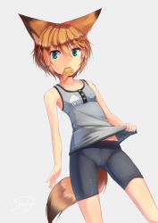 Rule 34 | 1girl, aburaage, animal ears, artist name, bad id, bad pixiv id, bike shorts, clothes grab, dreadtie, fang, flat chest, food, food in mouth, fox ears, fox tail, green eyes, grey background, highres, looking at viewer, orange hair, original, short hair, simple background, solo, tail, tank top