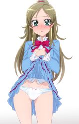 Rule 34 | 1girl, absurdres, aria gakuen school uniform, blazer, blue jacket, blue skirt, blush, bow, bow panties, bowtie, brown hair, closed mouth, clothes lift, collar, cowboy shot, frilled collar, frilled sleeves, frills, green eyes, half updo, high collar, highres, jacket, lifted by self, light frown, long hair, long sleeves, looking at viewer, minamino kanade, miniskirt, oimanji, panties, pleated skirt, precure, red bow, red bowtie, school uniform, skirt, skirt lift, solo, standing, suite precure, swept bangs, underwear, white background, white panties
