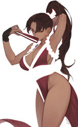 Rule 34 | 1girl, ass, bare shoulders, breasts, brown eyes, brown hair, cleavage, curvy, dark-skinned female, dark skin, fatal fury, female focus, folded fan, folding fan, hand fan, high ponytail, highres, holding, holding fan, japanese clothes, large breasts, long hair, looking at viewer, matching hair/eyes, morry, ninja, pelvic curtain, ponytail, revealing clothes, shiranui mai, sideboob, solo, the king of fighters, thick thighs, thighs, wide hips
