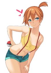 Rule 34 | 1girl, aori sora, bare shoulders, blue eyes, blue shorts, blush, breasts, collarbone, cowboy shot, creatures (company), denim, denim shorts, game freak, hair between eyes, hand on own hip, hand on own thigh, heart, highres, holding, holding poke ball, leaning forward, looking at viewer, medium breasts, midriff, misty (pokemon), navel, nintendo, open clothes, open shorts, orange hair, poke ball, pokemon, pokemon (anime), pokemon (classic anime), shirt, short hair, short ponytail, short shorts, shorts, side ponytail, simple background, smile, solo, suspenders, tank top, white background, yellow shirt
