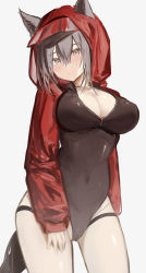 Rule 34 | 1girl, animal ears, arknights, black one-piece swimsuit, blush, breasts, brown eyes, casual one-piece swimsuit, cleavage, closed mouth, covered navel, cowboy shot, ears through headwear, grey hair, highres, hood, hood up, hooded jacket, jacket, large breasts, long sleeves, looking at viewer, official alternate costume, one-piece swimsuit, open clothes, open jacket, otsumami (02mami), projekt red (arknights), projekt red (light breeze) (arknights), red jacket, solo, swimsuit, tail, wolf ears, wolf girl, wolf tail