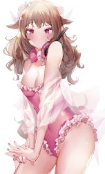Rule 34 | 1girl, arknights, bare shoulders, blush, breasts, brown hair, cleavage, commentary, cowboy shot, eyjafjalla (arknights), fingernails, frilled one-piece swimsuit, frilled swimsuit, frills, highres, horns, long hair, looking at viewer, mask, mask around neck, medium breasts, nail polish, one-piece swimsuit, own hands together, pink eyes, pink nails, pink one-piece swimsuit, respirator, see-through, sheep girl, sheep horns, solo, swimsuit, symbol-only commentary, white background, xiongshouji