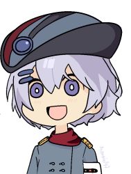 Rule 34 | 1girl, armband, baguettemeister, buttons, double-breasted, girls&#039; frontline, gyari (imagesdawn) (style), hair between eyes, hair ornament, hairclip, hat, military, military hat, military uniform, mp-446 (girls&#039; frontline), open mouth, parody, purple eyes, purple hair, red scarf, scarf, short hair, simple background, solo, tongue, uniform, white background