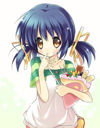 Rule 34 | 00s, blue hair, brown eyes, casual, child, clannad, crepe, food, food on face, hair ribbon, paco, ribbon, short hair, solo, sunohara mei, twintails