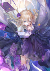 Rule 34 | 1girl, :|, absurdres, blonde hair, book, breasts, chinese text, closed mouth, english text, floating clothes, floating hair, gem, hair between eyes, highres, holding, holding key, ink bottle, key, lace, long hair, long skirt, multicolored nails, nail polish, one eye closed, original, petals, purple eyes, purple gemstone, purple skirt, quill, seisaiminty, skirt, small breasts, solo, standing, star (symbol), watermark
