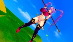Rule 34 | 1girl, 3d, artist request, blue sky, breasts, curvy, female focus, heart, heart tattoo, holding, holding weapon, huge breasts, long hair, long twintails, looking at viewer, nipples, pubic tattoo, purple hair, queen&#039;s blade, queen&#039;s blade grimoire, revealing clothes, seiten (queen&#039;s blade), shiny skin, sky, smile, solo, tattoo, thong, tiara, twintails, very long hair, weapon