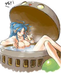 Rule 34 | 1girl, bath, blue hair, breasts, breath of fire, deis, dr.p, female focus, large breasts, lowres, master (breath of fire iv), nipples, nude, pointy ears, ponytail, solo