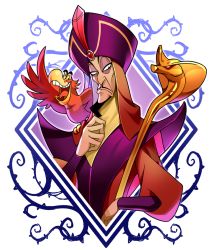 Rule 34 | 1boy, aladdin (disney), beard, bird, border, closed mouth, commentary request, dark-skinned male, dark skin, disney, egyptian clothes, facial hair, feathers, frown, gem, half-closed eyes, hand on own chest, hat, jafar, kyo-hei (kyouhei), looking at viewer, male focus, open mouth, parrot, plant, pointy nose, puffy sleeves, shadow, solo, staff, teeth, upper body, upper teeth only, v-shaped eyebrows, vines, yellow eyes