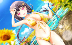 Rule 34 | 1girl, :d, architecture, arm up, armpits, bare arms, bare shoulders, bikini, black hair, blue sky, bow, breasts, bridge, cleavage, cloud, collarbone, commentary request, day, dutch angle, east asian architecture, eyebrows, fence, floral print, flower, front-tie bikini top, front-tie top, full body, girlfriend (kari), glint, hair flower, hair ornament, hairpin, hands up, highres, holding, holding hose, hose, jewelry, long hair, looking at viewer, masa (mirage77), medium breasts, morizono mei, navel, necklace, open mouth, outdoors, pink eyes, print bikini, river, rock, shadow, shochuumimai, sky, smile, solo, sparkle, standing, summer, sunflower, swimsuit, temple gate, wallpaper, water, water drop, wet, wooden fence, yellow bikini, yellow bow, yellow flower