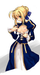Rule 34 | 1girl, ahoge, artoria pendragon (fate), bad id, bad pixiv id, blonde hair, blush, breasts, center opening, clothes down, dress, fate/stay night, fate (series), green eyes, hand on own chest, long sleeves, maccyman, nipples, puffy sleeves, saber (fate), small breasts, solo