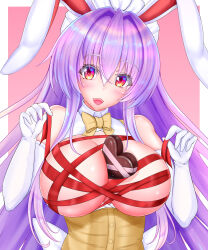 Rule 34 | 1girl, absurdres, animal ears, bare shoulders, blush, breasts, candy, chocolate, chocolate heart, elbow gloves, food, gloves, grin, hair between eyes, heart, highres, kou34404457, large breasts, long hair, looking at viewer, maid headdress, open clothes, open mouth, open shirt, purple hair, red eyes, reisen udongein inaba, ribbon, shirt, sleeveless, sleeveless shirt, smile, solo, touhou, very long hair