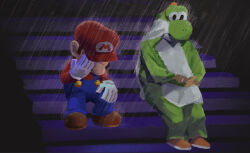Rule 34 | 1boy, blue overalls, brown footwear, brown hair, commentary request, facial hair, gloves, hat, mario, mario (series), mustache, nintendo, overalls, rain, red hat, red shirt, shirt, sitting, sitting on stairs, stairs, white gloves, ya mari 6363, yoshi