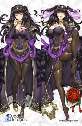Rule 34 | 1girl, :q, ;o, bed sheet, black eyes, black hair, blunt bangs, blush, bodystocking, bouquet, breasts, bridal gauntlets, cape, cleavage, commentary, covered navel, cuddly octopus, dakimakura (medium), dress, english commentary, fire emblem, fire emblem awakening, flower, full body, hand on own chest, heart, high heels, highres, jewelry, knee up, large breasts, licking lips, long hair, looking at viewer, matching hair/eyes, multiple views, nintendo, one eye closed, open mouth, pelvic curtain, shoes, unworn shoes, smile, tharja (bridal) (fire emblem), tharja (fire emblem), thighlet, tiara, tongue, tongue out, tony guisado, two side up, veil, watermark, web address, wedding dress