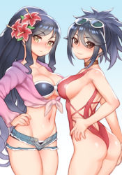 Rule 34 | 2girls, ass, bad id, bad pixiv id, bikini, black bikini, black hair, blue background, breasts, brown eyes, choker, cleavage, closed mouth, cowboy shot, cutoffs, denim, denim shorts, eyewear on head, flower, folks (nabokof), fujibayashi sheena, gradient background, hair flower, hair ornament, hand on own hip, hibiscus, large breasts, long hair, looking at viewer, multiple girls, official alternate costume, one-piece swimsuit, open fly, pink shirt, ponytail, red one-piece swimsuit, shiny skin, shirt, short hair, short shorts, shorts, sideboob, simple background, smile, standing, stomach, swimsuit, tales of (series), tales of berseria, tales of symphonia, torn clothes, torn shorts, unbuttoned, velvet crowe, white background, yellow eyes