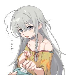 Rule 34 | 1girl, 1other, absurdres, ahoge, bare shoulders, blood, blood on hands, blush, braid, flat chest, grey eyes, grey hair, highres, hoshi syoko, idolmaster, idolmaster cinderella girls, long hair, looking at viewer, nosebleed, off-shoulder shirt, off shoulder, open mouth, shirt, side braid, simple background, solo focus, t-shirt, takesoboro, tissue, white background