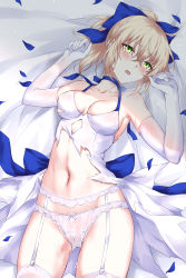 Rule 34 | 1girl, absurdres, ahoge, armpits, artoria pendragon (all), artoria pendragon (fate), bare shoulders, bed sheet, blonde hair, blue bow, blue choker, blush, bow, breasts, chinese commentary, choker, cleavage, collarbone, commentary, commission, cowboy shot, crying, crying with eyes open, devil heavens, dress, elbow gloves, fate/stay night, fate/unlimited blade works, fate (series), garter belt, gloves, green eyes, groin, hair between eyes, hair bow, hands up, highres, looking at viewer, lying, medium breasts, navel, official alternate costume, on back, open mouth, panties, panties over garter belt, pixiv commission, ponytail, revision, saber (fate), short dress, sidelocks, skindentation, sleeveless, sleeveless dress, solo, stomach, sweat, tears, teeth, thighhighs, torn clothes, torn dress, underwear, upper teeth only, white dress, white gloves, white panties, white thighhighs