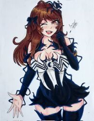 Rule 34 | 1girl, alzafer, blob, bodysuit, breasts, brown eyes, brown hair, centi (nimu), cleavage, commentary request, cosplay, dress, highres, indie virtual youtuber, large breasts, long hair, marvel, nimu (vtuber), smile, solo, spanish commentary, symbiote, trait connection, venom (marvel), venom (marvel) (cosplay), virtual youtuber