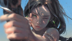 Rule 34 | 1girl, aiming, armlet, arrow (projectile), bare shoulders, black hair, blue background, blurry, bow (weapon), close-up, depth of field, diadem, drawing bow, earrings, expressionless, eyelashes, foreshortening, freckles, ghostblade, green eyes, holding, holding bow (weapon), holding weapon, jewelry, light particles, lips, logo, long hair, looking at viewer, md5 mismatch, messy hair, one eye closed, original, resized, resolution mismatch, ring, shadow, solo, upscaled, weapon, wlop