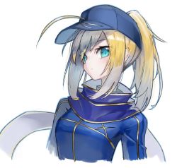 Rule 34 | 1girl, ahoge, artoria pendragon (fate), baseball cap, blonde hair, blue eyes, cropped arms, cropped torso, fate/grand order, fate (series), hat, mins (minevi), mysterious heroine x (fate), ponytail, sketch, solo, white background