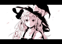 Rule 34 | 1girl, bad id, bad pixiv id, braid, chikuwa, face, female focus, food, hat, kirisame marisa, letterboxed, monochrome, simple background, single braid, solo, touhou, witch, witch hat, yae (mono110)