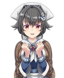 Rule 34 | 1girl, black hair, clenched hands, hair between eyes, hair ornament, highres, jingei (kancolle), kantai collection, long sleeves, neckerchief, open mouth, red eyes, red ribbon, ribbon, short hair, simple background, smile, solo, tk8d32, upper body, white background, white neckerchief