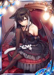Rule 34 | 1girl, akkijin, animal ears, bare shoulders, black dress, black gloves, breasts, brown hair, card (medium), cat ears, cat girl, cat tail, chair, collarbone, demon girl, demon wings, dress, gloves, indoors, medium breasts, no shoes, official art, rattle, shinkai no valkyrie, short hair, sitting, snake, solo, tail, thighhighs, wings, yellow eyes