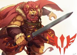 Rule 34 | 1boy, animal ears, armor, bara, bare shoulders, beard, black shorts, bracer, breastplate, brown eyes, brown fur, cape, cleavage cutout, clothing cutout, command spell, facial hair, fate/grand order, fate/zero, fate (series), fighting stance, fingernails, frown, full body, fur-trimmed cape, fur trim, furrification, furry, furry male, holding, holding sword, holding weapon, iskandar (fate), leather, lion boy, lion ears, lion hair, lion tail, looking at viewer, male focus, muscular, rabbity art, red cape, red hair, sharp fingernails, sharp teeth, sharp toenails, shorts, solo, sword, tail, teeth, thick eyebrows, toenails, tongue, weapon, white background