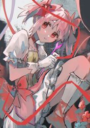 Rule 34 | 1girl, choker, dress, eyelashes, fetal position, flower, frilled dress, frills, from side, full body, gloves, hair between eyes, highres, holding, kaname madoka, knees up, looking at viewer, magical girl, mahou shoujo madoka magica, mahou shoujo madoka magica (anime), nidu (2du du), parted lips, pink flower, puffy sleeves, red ribbon, ribbon, short hair, short twintails, sitting, sketch, socks, solo, twintails, white flower, white gloves, white socks