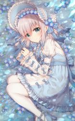 Rule 34 | 1girl, blue bow, blue dress, blue flower, blue footwear, blue headwear, blue nails, blush, bonner, bow, closed mouth, commentary request, dress, flower, green eyes, grey hair, hair between eyes, high heels, highres, juliet sleeves, lolita fashion, long sleeves, lying, mary janes, md5 mismatch, nail polish, nemophila (flower), on side, original, pantyhose, puffy sleeves, resolution mismatch, sato ame, shallow water, shirt, shoes, smile, solo, source smaller, water, white pantyhose, white shirt