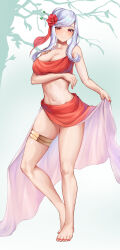 Rule 34 | 1girl, absurdres, bare legs, barefoot, commentary request, commission, crop top, flower, full body, hair flower, hair ornament, highres, long hair, looking at viewer, midriff, nail polish, navel, original, pixiv commission, red eyes, red flower, red nails, red skirt, skirt, skirt hold, solo, standing, stomach, thighlet, thighs, toenail polish, toenails, white-paka, white hair