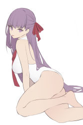 Rule 34 | 1girl, armpit crease, ass, bare arms, bare legs, bare shoulders, barefoot, bb (fate), bb (fate) (all), bb (swimsuit mooncancer) (fate), bb (swimsuit mooncancer) (third ascension) (fate), breasts, fate/grand order, fate (series), from side, hair ribbon, highres, large breasts, long hair, looking at viewer, looking to the side, necktie, nekojira, one-piece swimsuit, purple eyes, purple hair, ribbon, simple background, sketch, solo, swimsuit, thighs, tongue, tongue out, v-shaped eyebrows, very long hair, white background, white one-piece swimsuit