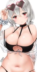 Rule 34 | 1girl, absurdres, alternate costume, azur lane, bikini, black bikini, breasts, choker, cleavage, collarbone, commentary request, eyewear on head, frilled cuffs, hair between eyes, hand up, head tilt, heart, heart-shaped eyewear, highres, kei kei, large breasts, lips, looking at viewer, navel, o-ring, o-ring top, red eyes, see-through, short hair, silver hair, simple background, sirius (azur lane), sirius (scorching-hot seirios) (azur lane), solo, stomach, sunglasses, swimsuit, twitter username, white background, wrist cuffs